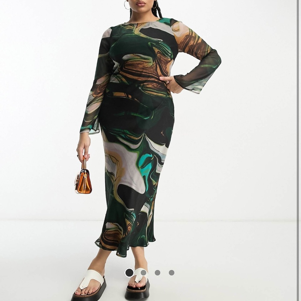 ASOS DESIGN Curve chiffon long sleeve midi dress in marble print
